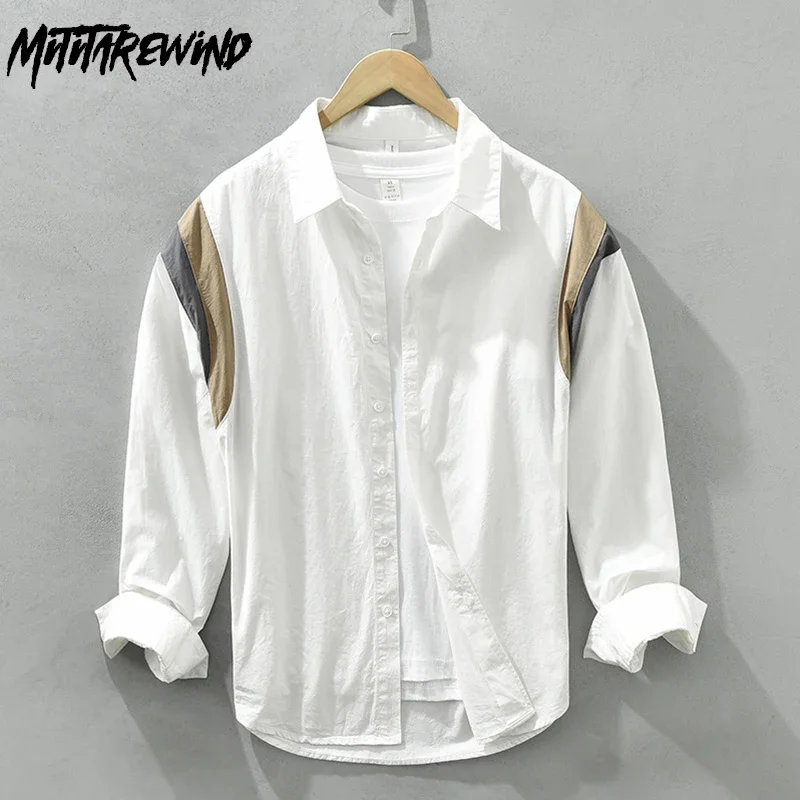 

Spring Fall White Shirt Men Street Fashion Long Sleeve Shirt Man Pure Cotton Top Lapel Patchwork Design Shirt Youth Loose Shirts