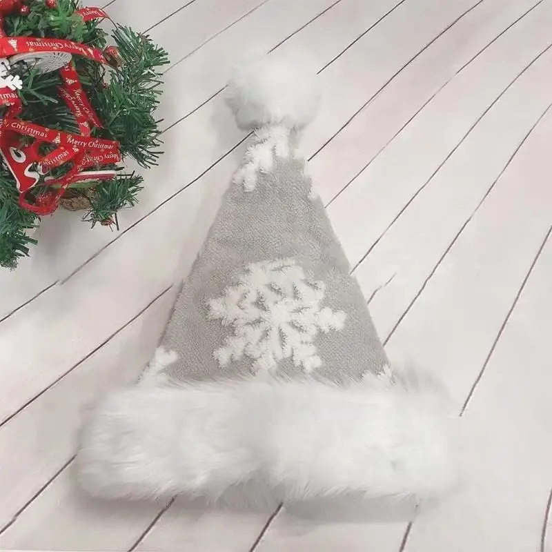 P88A Short Plush Santa Cap Snowflake Party Hat Christmas Hat Family Gathering Props