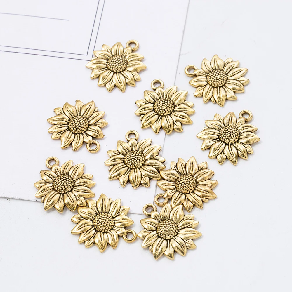 10 Pcs Beauty Antiuqe Gold Color Sunflower Charms DIY Pendant Necklace For Women Jewelry Accessories Classic Decoration 22*19mm