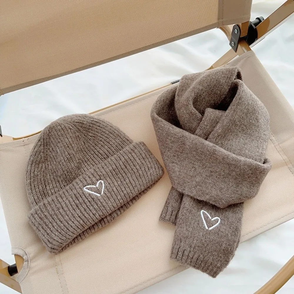 

Love Heart Embroidery Knitted Hat Scarf Set Solid Color Thickened Crochet Warm Beanie Cap Windproof Anti-cold Neck Warmer Set