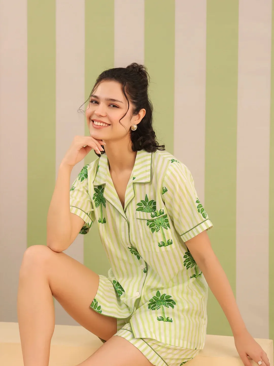 

Indian Green Palm Printed Cotton Pajama Set Night Wear Short Lounge Comfortable Fit Sleepwear for Women