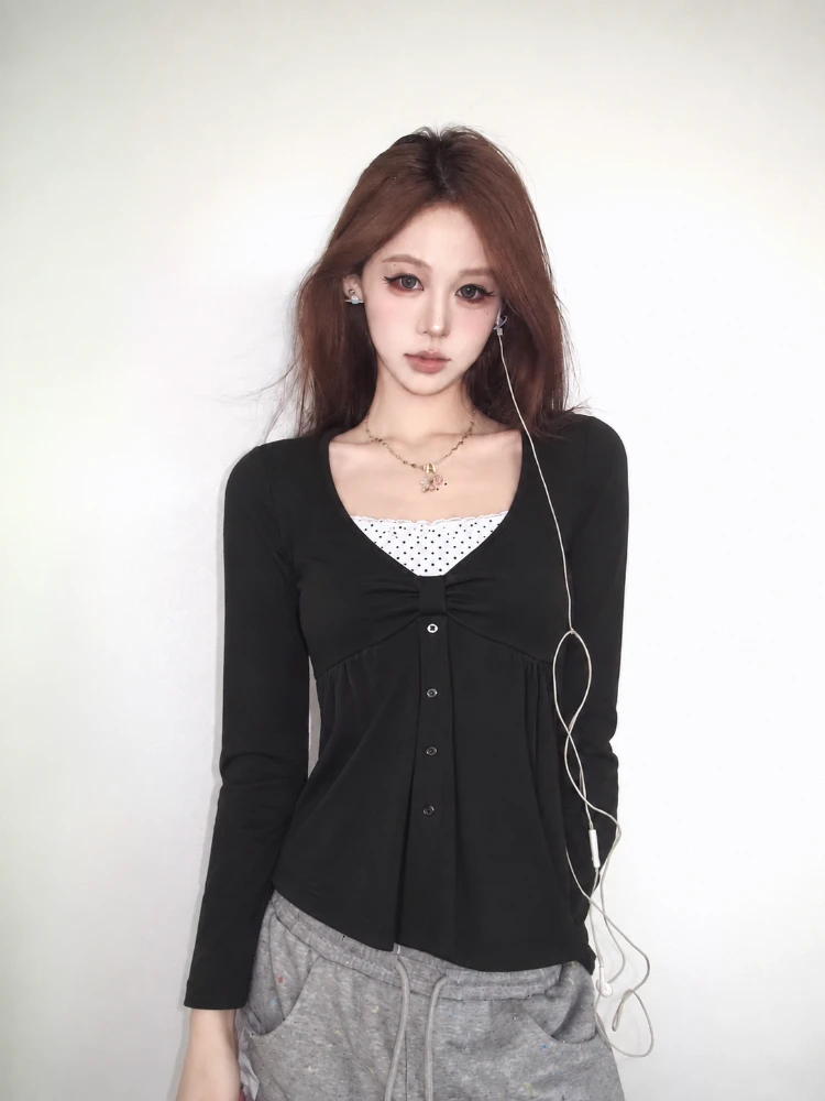 Y2K Women Vintage Fake Two Piece Long Sleeve Shirt Cute Patchwork Top Sweet Lolita Subculture Autumn Street Pullover Casual Tee