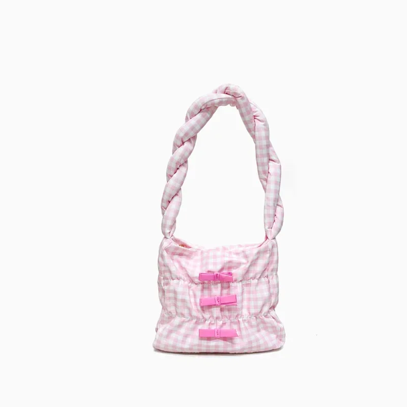 Korean Style Cute Bow Cotton Checked Girl Handbag Small Summer Colors Ruched Women Shoulder Bag Totes Bolsos Pink