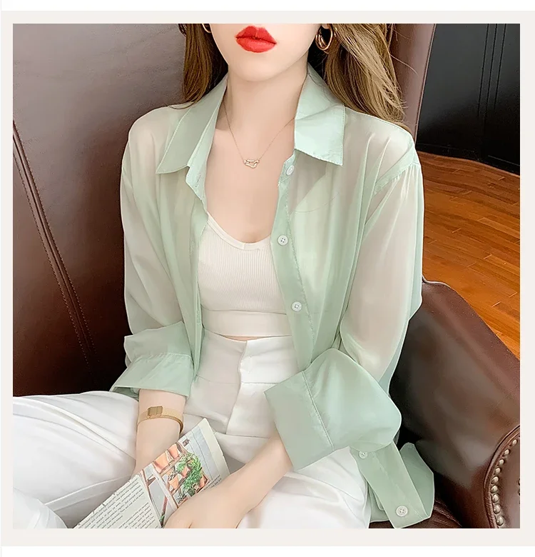 

Summer Lightweight Women Chiffon Blouses Long Sleeve Solid Shirts Female Thin Loose Slightly Transparent Sunscreen Shirt