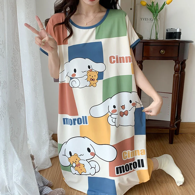 Sanrio Cinnamoroll Hello Kitty Summer Dress Oversized Tshirts Women Casual Fashion Home Clothes Y2k Female Loose Pajama Dresses