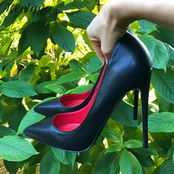 Heelgoo 12cm High Heel Black Matte Women Pointy Toe Stiletto Pumps OL Ladies Sexy Red inside Elegant Slip On Dress Shoes Size46