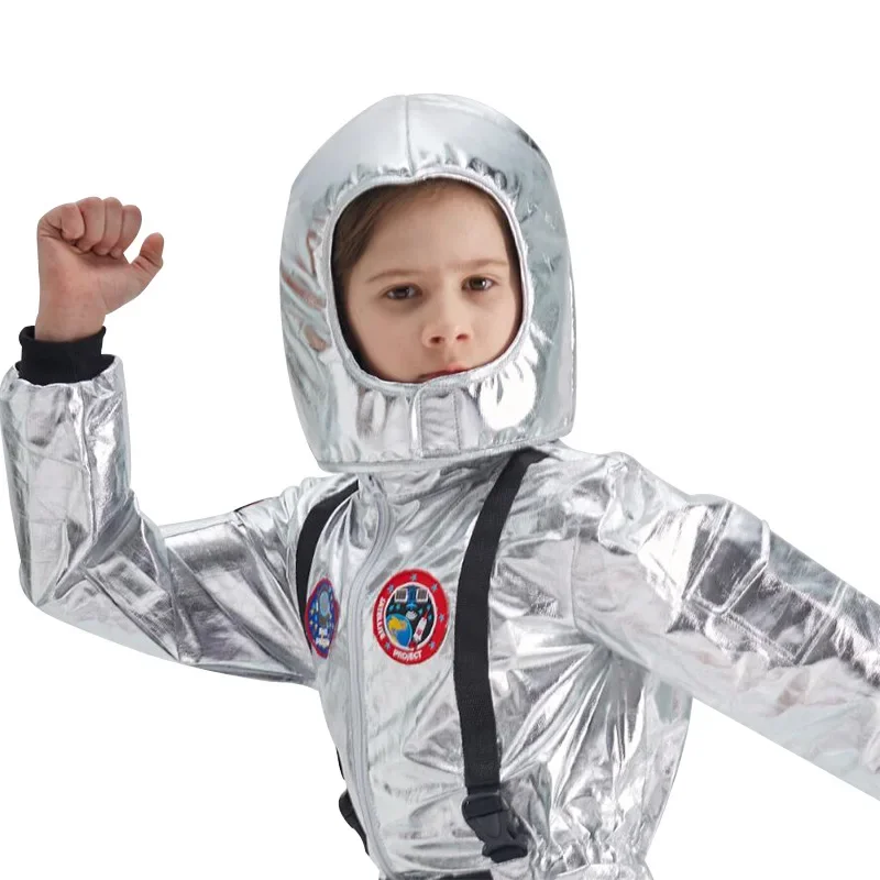 Combinaison d'astronome Spaceman argentée pour garçons, costume de cosplay d'Halloween pour enfants, robe de paupières de fête de carnaval de pilote pour enfants