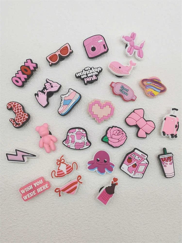 25PCS Pink PVC Shoe Charms Diy Buckle Decorations Funny Shoes Accessories For Bubble Slide Sandals Women Clog Garden Shoes Decor