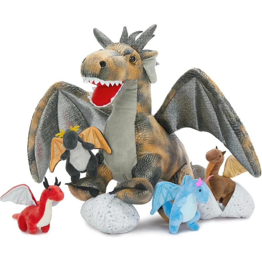 

7Pcs Gray Dragon Plush Toy Set with 4 Baby Dragons and 2 Eggs Soft Stuffed Dinosaur for Christmas Birthday 's Day Gift for Boys