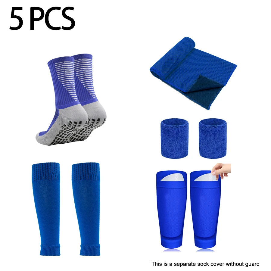 

5PCS Set Men Women Soccer Socks Non-Slip Leg Shin Guards Coverr Sport Towel Wrist Bracer With Pocket Protection Gear