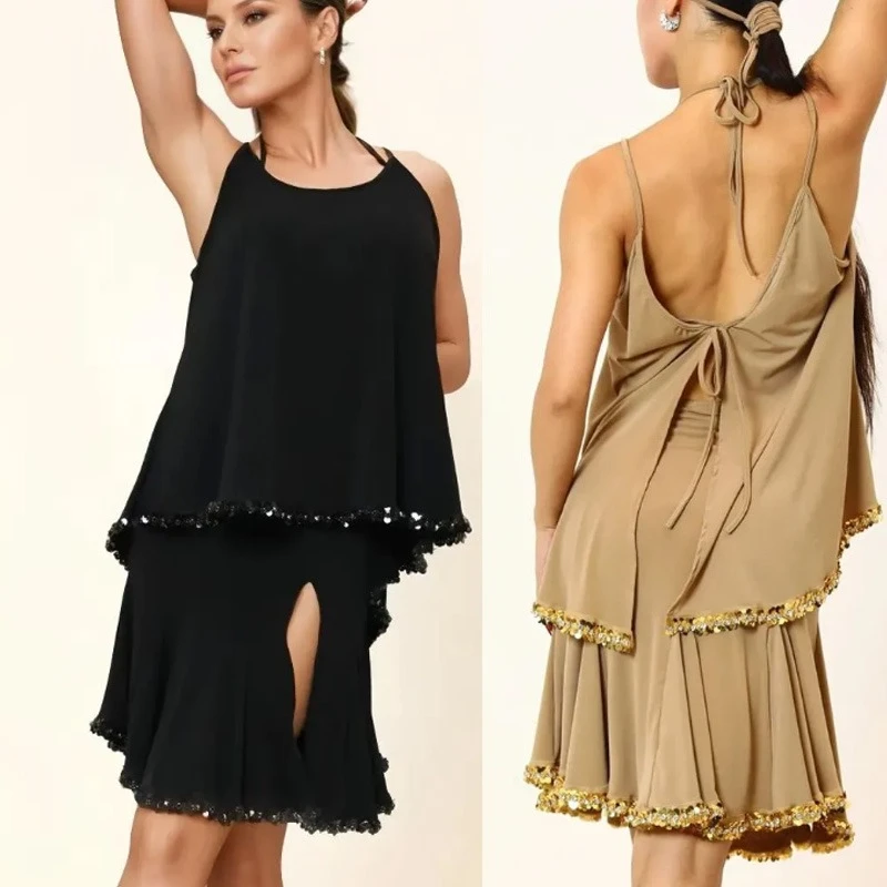 Latein-Tanzkleid, 3-teiliges Set für Damen, Camisole-Rock, Tango-Bühnenkostüm, rückenfreies Samba-Lamba-Übungskleid