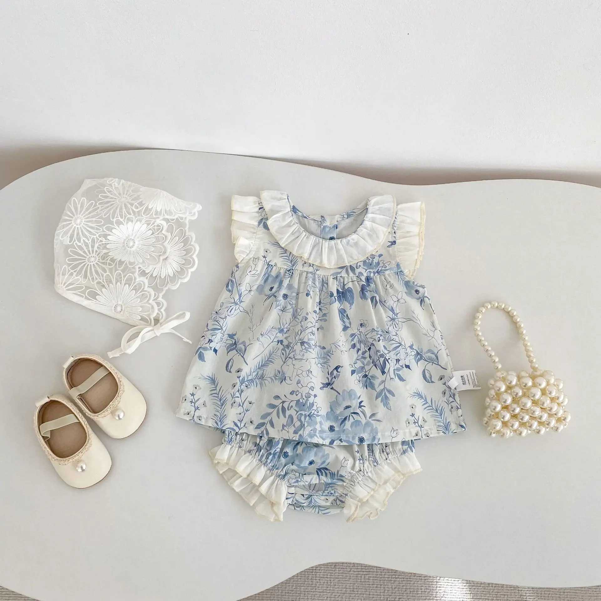 

2026 Summer New Baby Sleeveless Clothes Set Infant Girls Lace Lapel Tops + Shorts 2pcs Suit Cotton Breathable Toddler Outfits