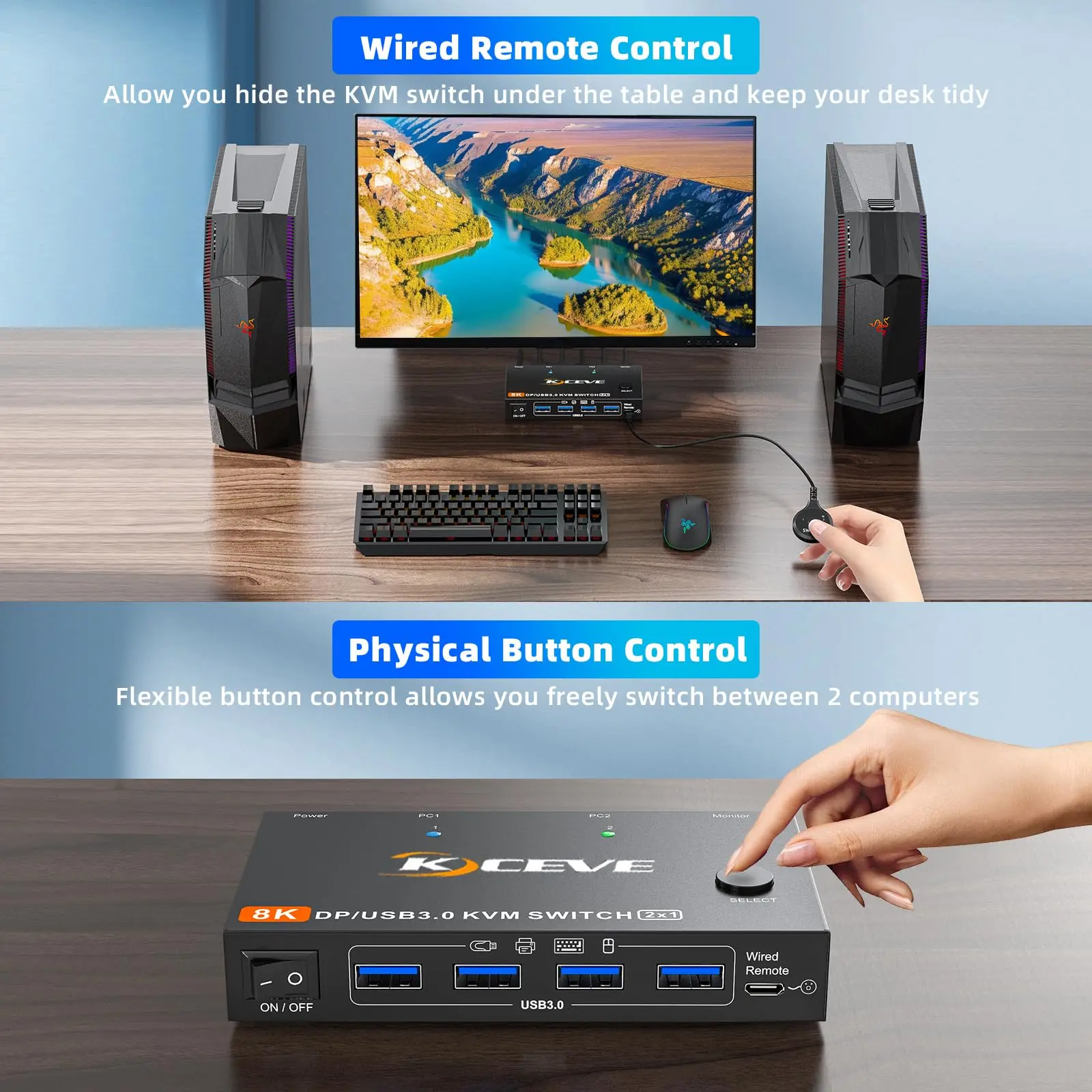 KVM Switch 2 Computer 1 Monitor Displayport 4K@240Hz 8K@60Hz,USB 3.0 KVM Switch Displayport 2.1 for 2 PC Share 4 USB3.0 Devices