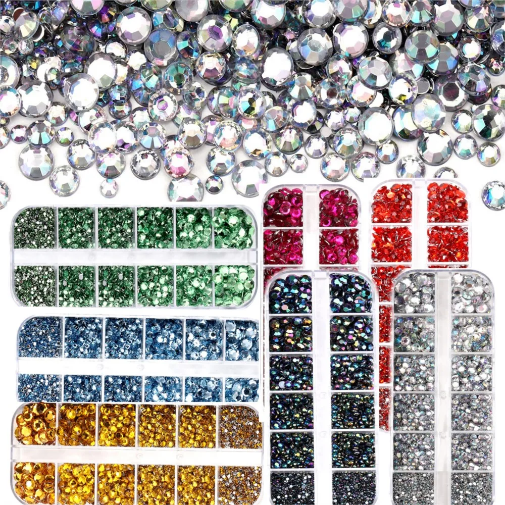 12 Grids 3D Glass AB Crystal Nail Art Rhinestones SS6-SS30 Mixed Flatback Round Bead Nail Charms Gem Stones Diamond Nail Jewelry