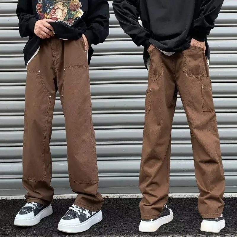 Spring Autumn New Solid Color Fashion Elastic Waist Cargo Pants Man High Street Casual Pure Cotton Pockets Patchwork Trousers