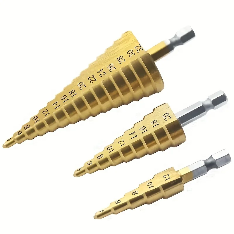 1PC Titanium Plated Hexagonal Straight Groove Step Drill 4-32mm Reaming Pagoda Drill Bit Hole Opening Step Drill Tool