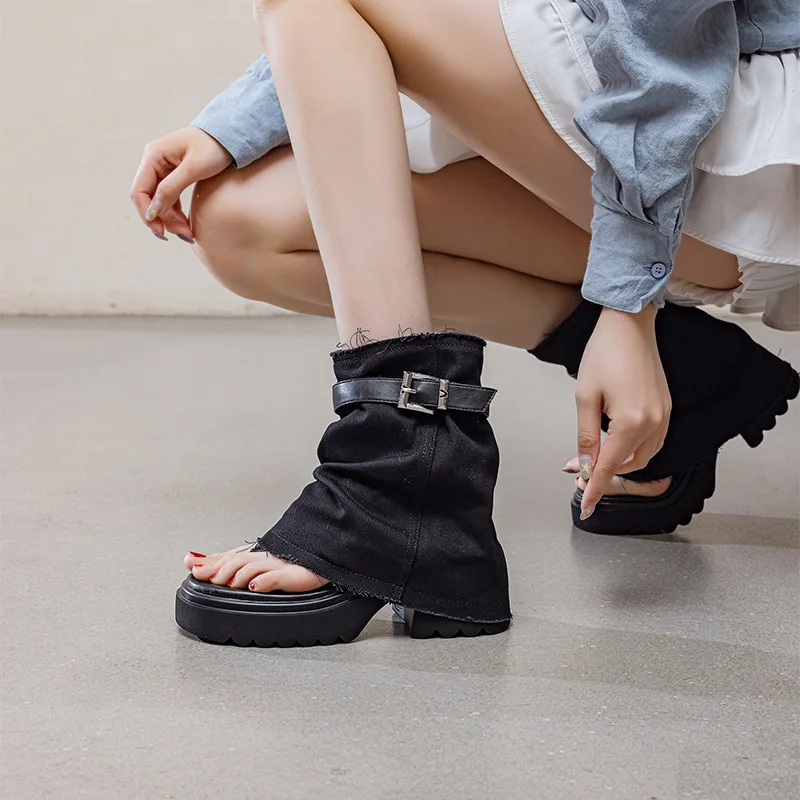 

2026 Women platform boots 7cm height increase denim soft sole toe thong ankle chunky heel summer casual stylish boots
