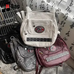 Y2K gotyckie damskie dziewczęce punkowe torebki Harajuku jednoramienne nity pistoletowe o dużej pojemności wielofunkcyjne torby Crossbody