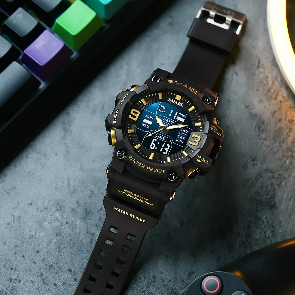 SMAEL 8049 Watch Fashion Sports LED Light Alarm Clock Dual-Time Display Waterproof Day Automatic Date Watch Shi Ying