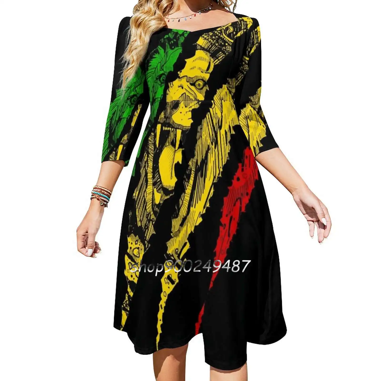 Warrior Lion Of Judah King Rasta Reggae Jamaica Roots Evening Party Dresses Midi Sexy Dress Female Sweet One Piece Dress Korean