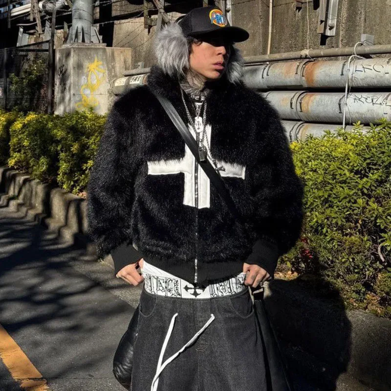 WTHT Fashion Men's Graffiti Contrast Color Loose Faux Fur Coats Trendy 2025 Autumn American Style High Street Jacket Male 2A2280