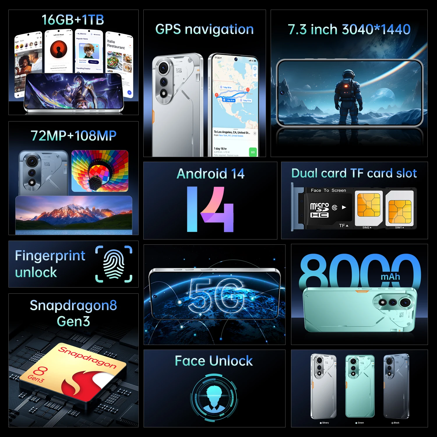 JCTKJ POVA 7 Pro Global Edition Smart 5G Dual Card 7800Mah Android 14 Função de reconhecimento facial