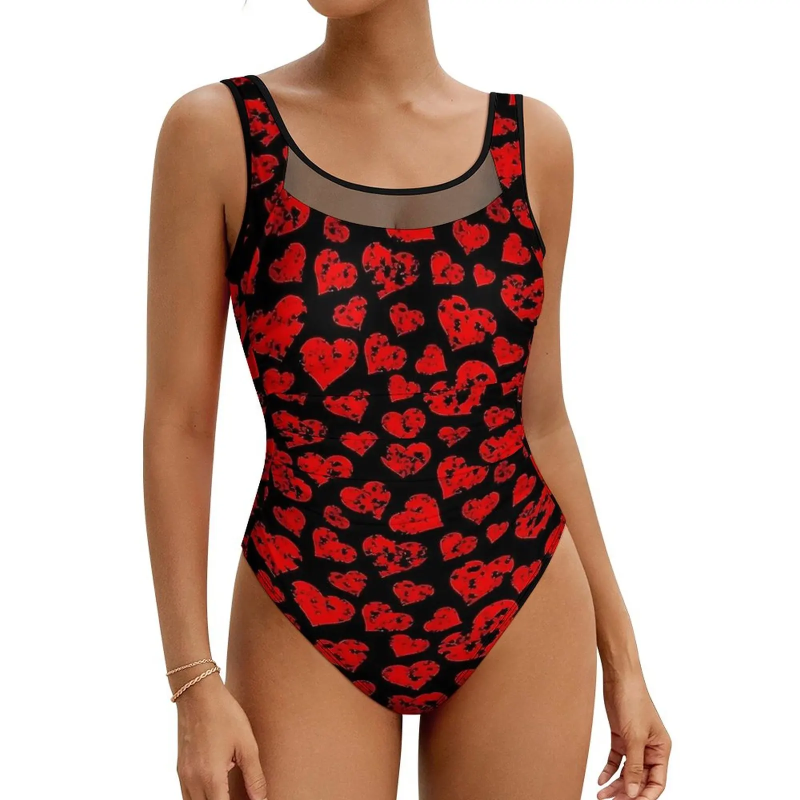 

Red Hearts Print Swimsuit Swimwear One Piece Surfing Design Bodysuit High Cut Bathing Suit Female Push Up Sexy Beach Outfits