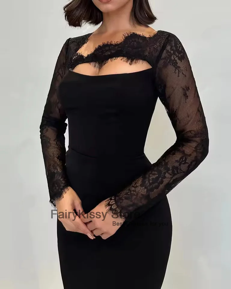 FairyKissy Schwarze elegante Meerjungfrau-Abendkleider mit langen Ärmeln, Spitze, formelles Anlasskleid für Damen, Etui-Party-Abschlussballkleider