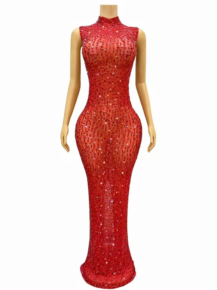 

Luxury Women Elegant Evening Prom Party Dress Dance Wear Shining Red Crystals Show Outfit Photo Shoot Stage Performance Costume