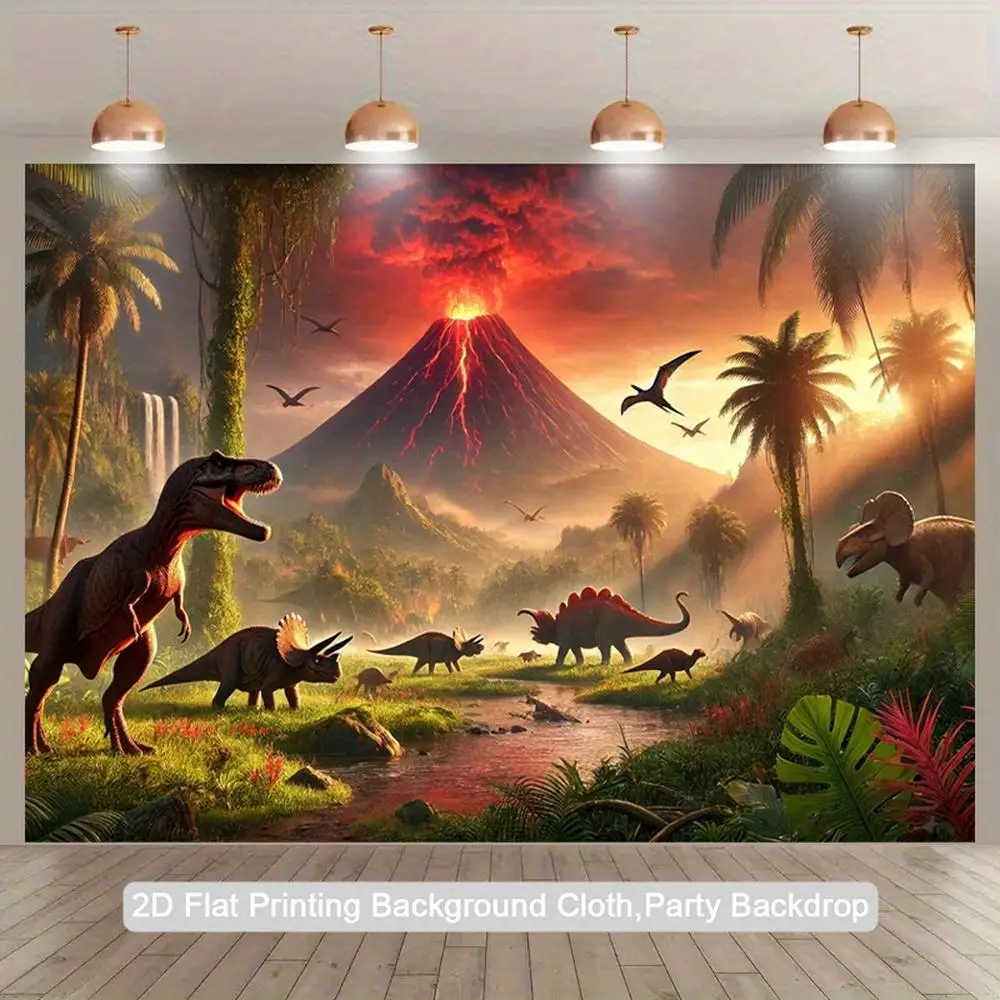 2D Flat, 1pc Realistic Volcano & Dinosaur Prehistoric Jungle Wall Mural - Large Volcanic Eruption with T-Rex & Stegosaurus, Room