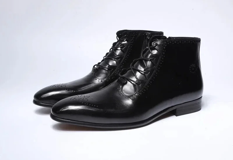 Luxury Genuine Leather Chelsea Boots for Men Brown Wingtip Ankle Lace-up Buckle Formal Snow Shoes High-end Office Footwear - view 5