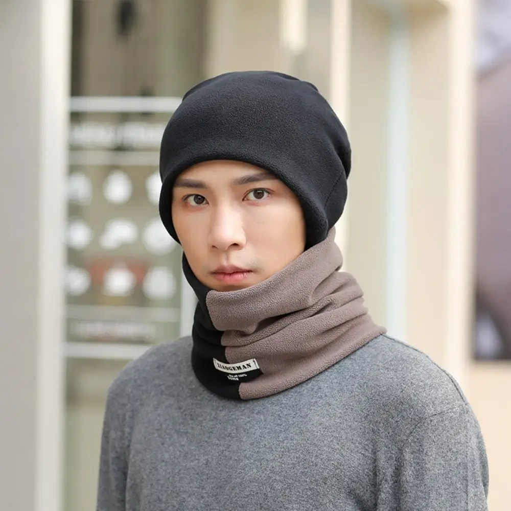 Fashion Thicken Men's Neck Warmer Hat Snood Velvet Scarf Cap Set Warm Color Blocking Windproof Hat Riding