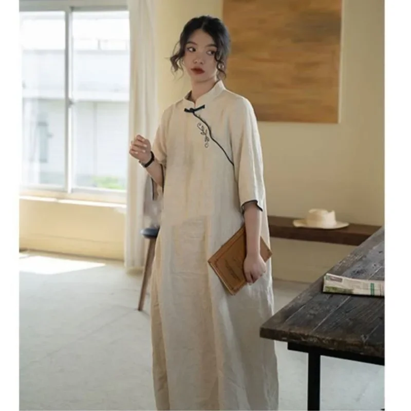 Vestido Vintage bordado de verano 2023 para mujer, nuevo estilo chino, vestido largo bordado con cuello Cheongsam