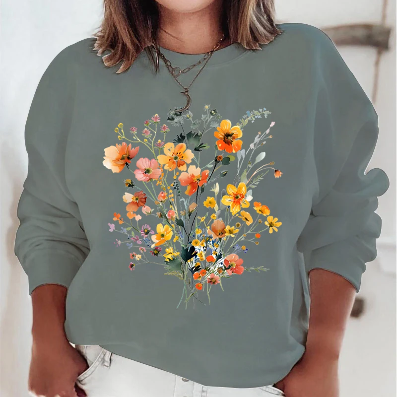 Wild Flower Oil Painting Sweatshirts Watercolor Floral Bohemia Pullover Long Sleeve O-Neck Streetwear Flower Trend Women Hoodie