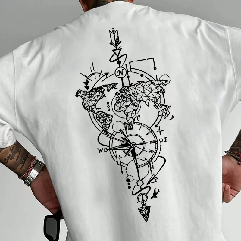 Geometric Pattern Printed Men's T-shirt, Street Style Retro Punk Unisex T-shirt for Summer Collection