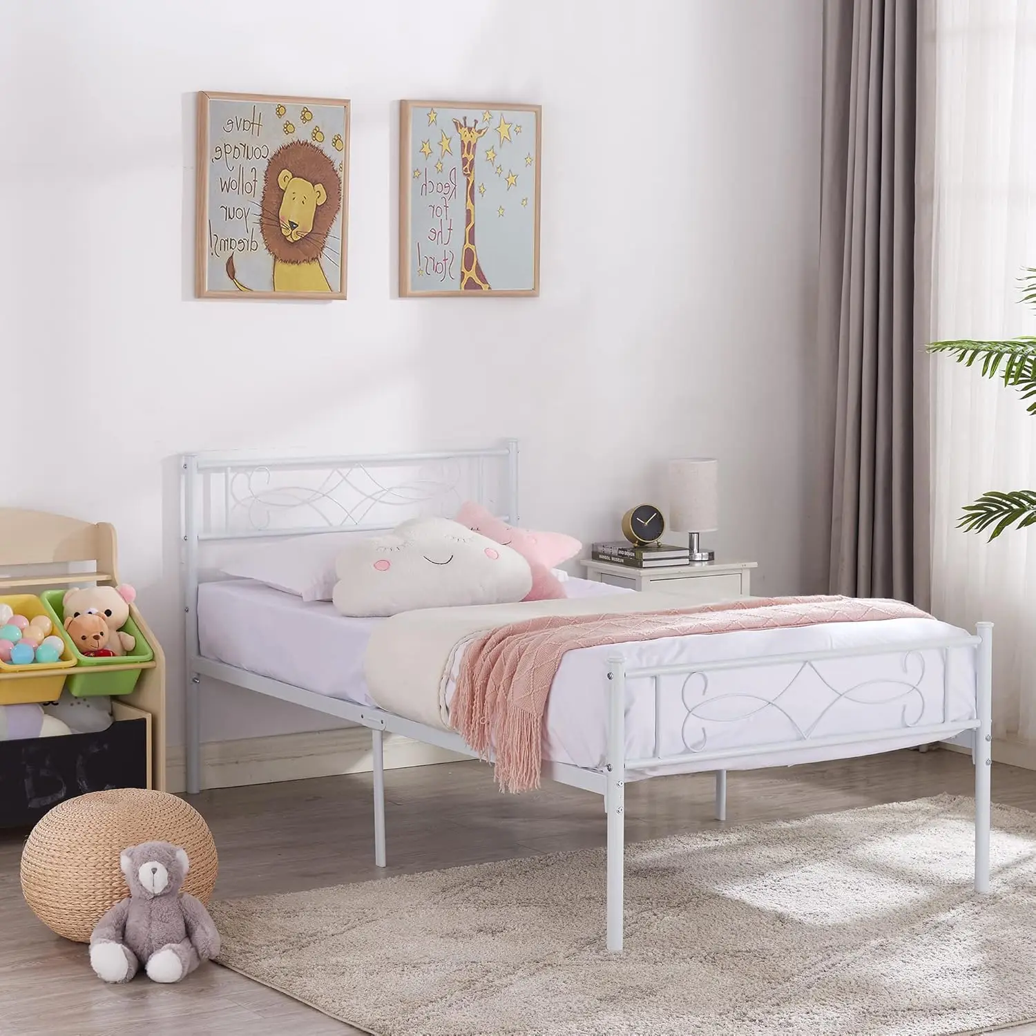 

Twin Size Bed Frame White Beds Metal Platform/Mattress Foundation With Headboard Footboard/Steel Slat Support/No Box Spring