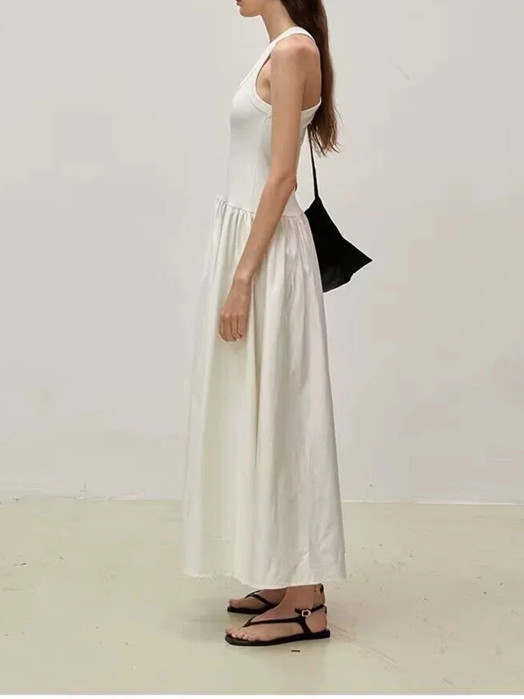 Simple casual splicing Long dresses design sense vacation style cross strap sleeveless undershirt dress women 2024 summer new