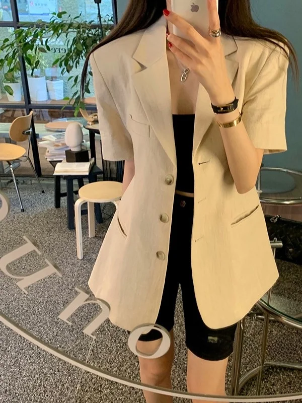 Chaqueta de Traje E de Manga Corta para Mujer, Estilo Veraniego, Entallada, de Alta Gama, Única, Rejuvenecedora y Vers...