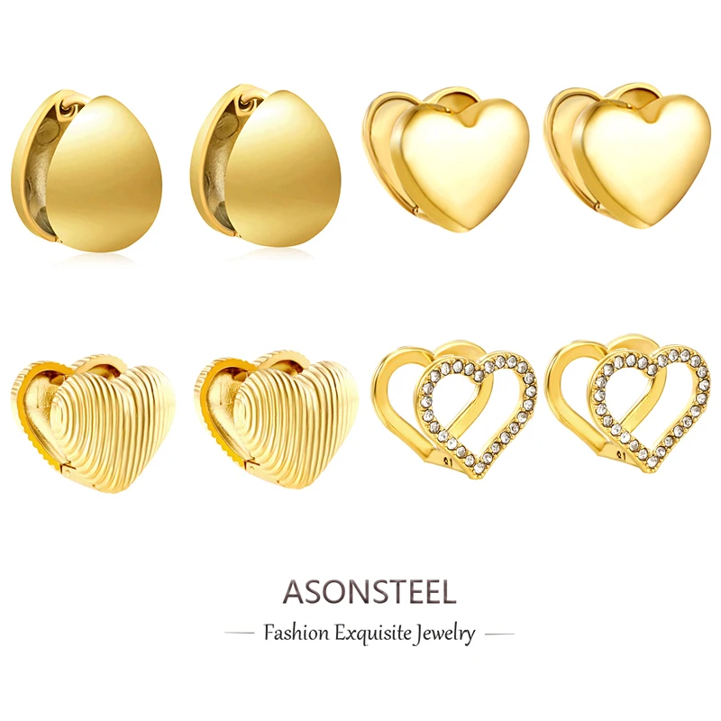 ASONSTEEL Golden Stainless Steel Heart Love Hoop Earrings For Women Glossy Waterproof Chunky Zirconia Earrings Jewelry Gifts