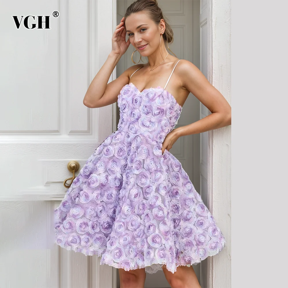 

VGH Hit Color Floral Party Dress For Women Strapless Sleeveless Backless High Waist Temperament Slimming Mini Dresses Female New