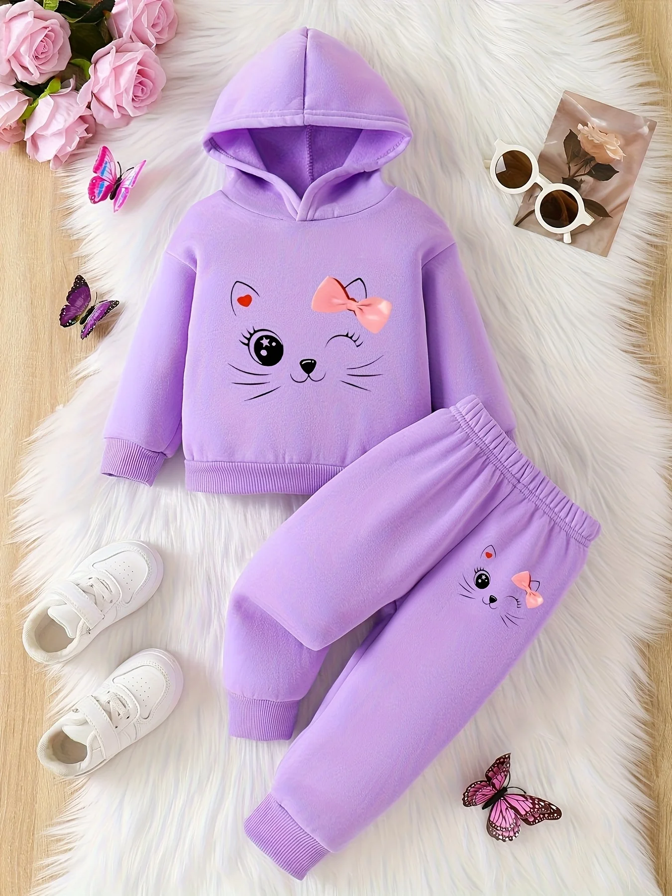 Spring Autumn Baby Girl's Cartoon Print Hooded Fleece Long Sleeve Sweatshirt And Pants Cute Two-Piece Set for Toddlers