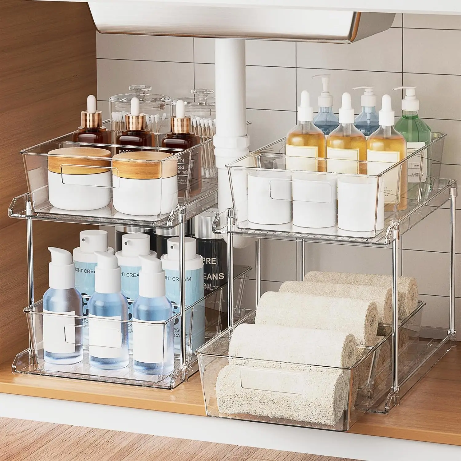 

Pull-out Home Organizer, 2 Pack 2 Tier Clear Bathroom Organizer with Dividers, Multipurpose Vanity Counter Tray, Kitchen, Clo