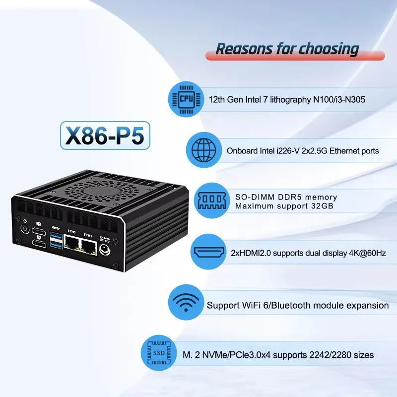 Solid Firewall Soft Router X86 P5 12e generatie Intel i3-N305 N100 Mini PC 2*i226-V 2.5G 2*HDMI2.0 2*USB3.2 DDR5 4800 PCIex4 DIY NAS