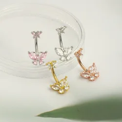 1Pcs Stainless steel pink butterfly navel ring Europe and the United States new stainless steel zircon navel nail navel piercing