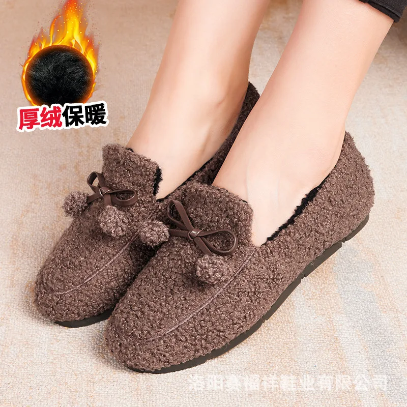 Slip-On Loafers Shoes for Women In Winter Plush Thickened Warm Shoes for Middle-Aged Elderly Mothers Lightweight Falt Footwear