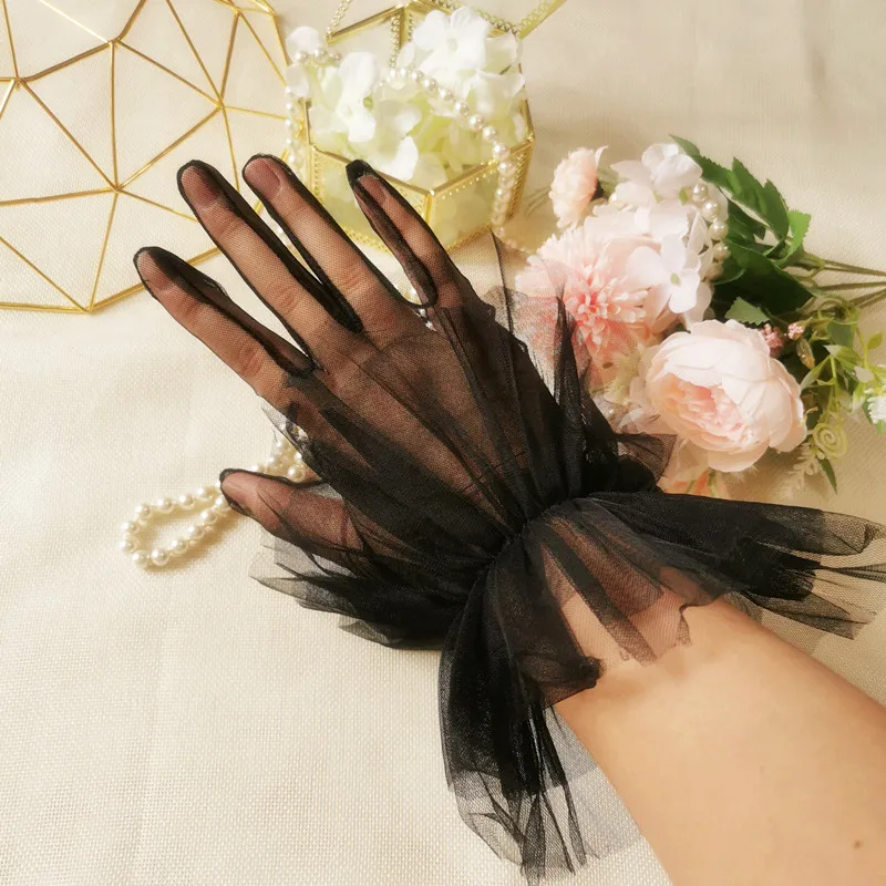 สีดำสีขาว Sheer ลูกไม้ Tulle ถุงมือบางถุงมือเจ้าสาวถ่ายภาพชุดเดรสปาร์ตี้ถุงมือ Guantes Transparentes Dot