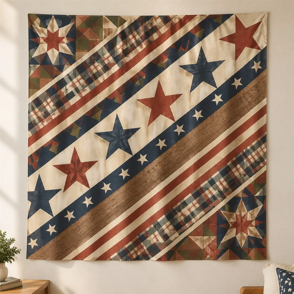 VIKAMA Star and Stripe Geometry Diagonal Flow Tapestry Wall Hanging, American Wall Decor Tapestries for Bathroom Bedroom