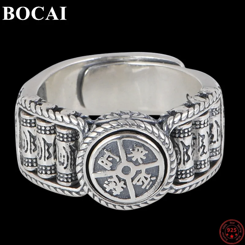 BOCAI S925 Sterling Silver Rings for Women Men New Fashion Vintage Rotating Six Syllable Mantra Chinese Characters Jewelry