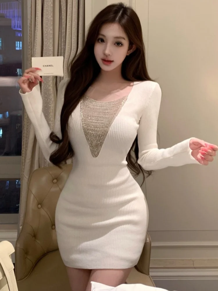 

White Knitted Base Layer Dress Women's Autumn Winter Slimming Design Pure Desire Short Skirt Commute Korean Style Bodycon Dress