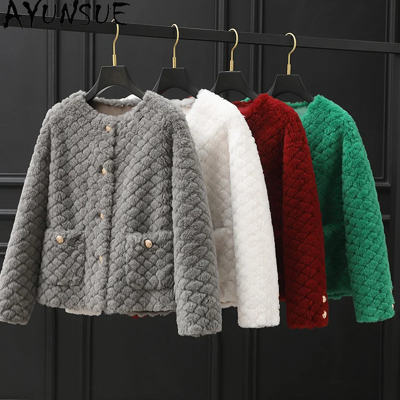 معطف صوف 100% من AYUNSUE للنساء 2025 سترة شيرلينغ من الفرو والحبوب المركبة للخريف والشتاء ملابس نسائية كورية